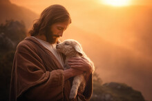 Shepherd Jesus Christ Taking Care Of One Missing Lamb. Warm Toned Soft Picture