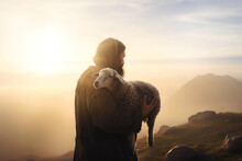 Shepherd Jesus Christ Taking Care Of Missing Lamb. Hilly Background During Sunset.