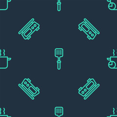 Sticker - Set line Barbecue spatula, Electronic scales and Cooking pot on seamless pattern. Vector