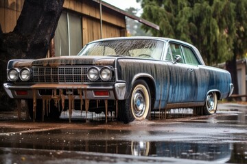 Sticker - wet tire and wheel of an old car being washed, created with generative ai