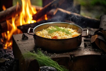 Poster - finished risotto dish on rustic wooden table near campfire, created with generative ai