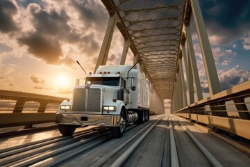 Canvas Print - white semi truck crossing a large bridge, created with generative ai