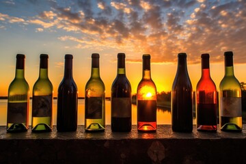 Sticker - wine bottles lined up with a sunset backdrop, created with generative ai