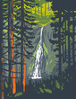 WPA poster art of Marymere Falls located in Olympic National Park near Lake Crescent in Washington State, United States of America done in works project administration.