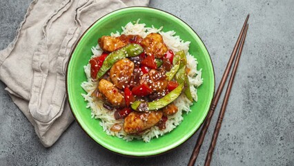 Wall Mural - Asian sweet and sour sticky chicken with vegetables stir-fry and rice in ceramic bowl with chopsticks top view on gray rustic stone table slowly rotating, traditional Asian dish. High quality footage