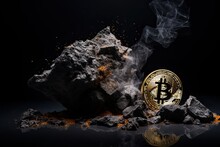 Fire Bitcoin Is Showcased Against A Backdrop Of Black Rock. This Symbolizes A Bullish Scenario In The Crypto Market. Bitcoin Is Both A Decentralized Cryptocurrency And A Digital Representation Of Gold