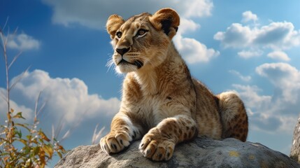 Wall Mural - lion cub sitting on top of a rock in a field of grass. created with generative ai.