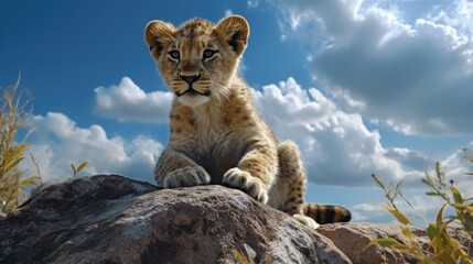 Wall Mural - lion cub sitting on top of a rock in a field of grass. created with generative ai.