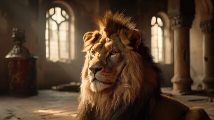 Wall Mural - imposing lion inside a temple. created with generative ai.