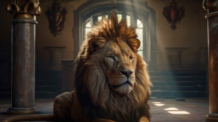 Wall Mural - imposing lion inside a temple. created with generative ai.