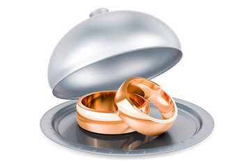 Canvas Print - Restaurant cloche with golden wedding rings, 3D rendering