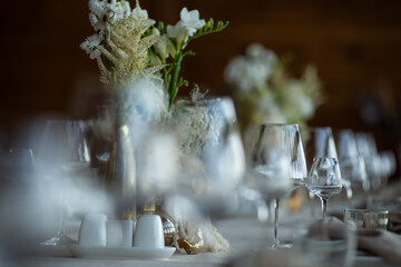 Poster - Beautiful wedding table decorations. Tablewear and bouquet of flowers.