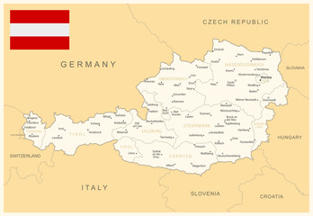  Austria - detailed map with administrative divisions and country flag. Vector illustration