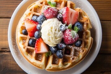 Wall Mural - waffle with ice cream and fresh berries 