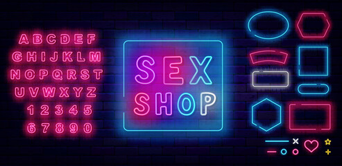 Wall Mural - Sex shop neon label on brick wall. Multicolored handwritten text. Frames collection. Vector stock illustration