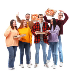 Group of friends with tasty pizza on white background