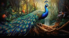 Magnificent Peacock, Resplendent In Vibrant Plumage, Spreads Its Iridescent Feathers In A Dazzling Display, Captivating All Who Behold, Formidable Vintage Style. Generative AI