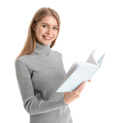 Young woman reading book on white background