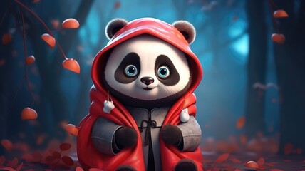 Wall Mural - Panda accessorized with a fashionable scarf, 3D cartoon style. Generative AI