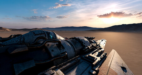 Wall Mural - close up on ufo fighter jet is flying low inthe mud desert