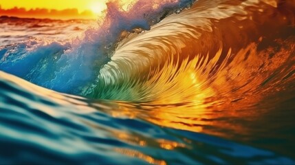Ocean at high tide at sunset. Colored ocean waves