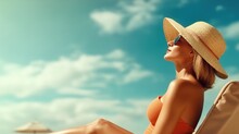 A woman in a swimsuit and panama enjoys sunbathing on the edge of the pool, side view. Summer vacation and relaxation. Generative AI