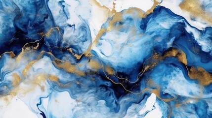 Wall Mural - Modern, colorful curved background with  blue and golden waves. golden-blue marble slab. Generative AI