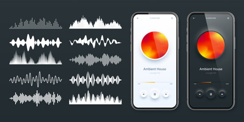 Wall Mural - Online audio player user interface, smartphone app UI design. Music, media streaming and listening platform. Responsive mobile application. Neumorphism. Various sound waves. Vector illustration