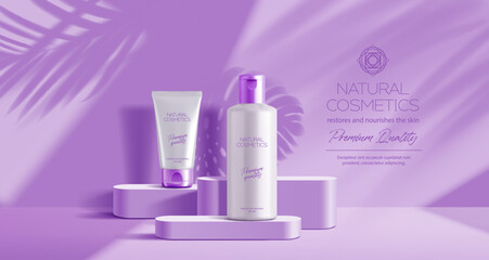 Wall Mural - Purple lavender podium mockup with palm leaves and cosmetics, vector products display background. Purple podium with cosmetic bottles of cream moisturizer for premium luxury product display mock up