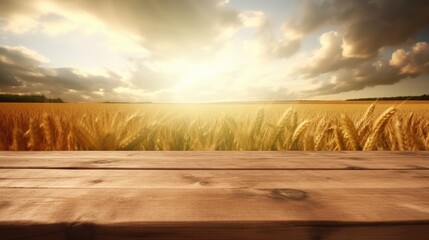 An empty old wooden table on a background of a field of wheat. Generative AI