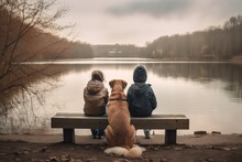 Three Friends On A Bench By The Lake ,Children With A Dog Look At The Lake. Generative AI