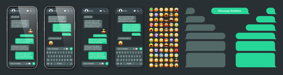Smartphone messaging app, user interface with emoji. SMS text frame. Chat screen, green message bubbles. Texting app for communication. Social media application. Dark mode. Vector illustration