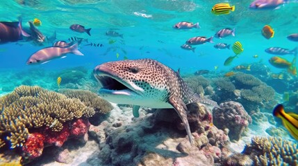 Reef with a variety of hard and soft corals and tropical fish. Group of colorful fish and sea animals with colorful coral. Generative AI