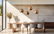 Interior design minimalista di moderna sala da pranzo con lampade a sospensione in ottone contro pareti in stucco beige. Stile di fotografia architettonica,