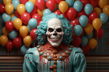 Wall Mural - A clown with blue hair and a clown mask in front of a bunch of balloons. Generative AI.