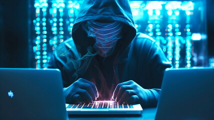 digital technologies Informatics, programming, hands of a hacker programmer on a laptop keyboard, working panel, virtual computer