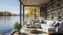 A Living Room Filled With Furniture Next To A Lake. Generative AI. Tiny Boat House Interior.