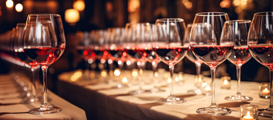 Wine glasses in a row. Buffet table celebration of wine tasting. Nightlife, celebration and entertainment concept. Horizontal,  wide screen banner format