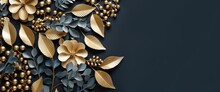 A Black Background With Gold Leaves And Berries. Generative AI.