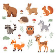 Flat Vector Cute Wild Animals Set - Grizzly Bear, Hare or Rabbit, Squirrel, Raccoon, Hedgehog, Wolf, Owl, Fox, Deer. Forest Cartoon Aanimals. Woodland Animal Collection