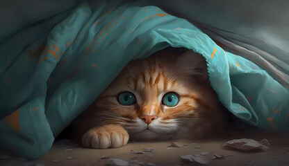 Red cat under a blanket. Banner. Wallpaper. created by AI