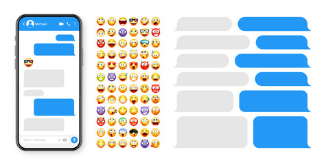 Smartphone messaging app, user interface design with emoji. SMS text frame. Chat screen with blue message bubbles. Texting app for communication. Social media application. Vector illustration