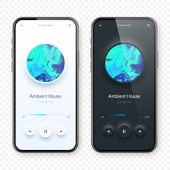 Wall Mural - Online audio player user interface, smartphone app UI design. Music, media streaming and listening platform. Responsive mobile application. Neumorphism, neumorphic style. Vector illustration.