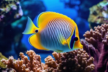 Landscape with colorful fish and corals under the sea, marine life. Generative AI