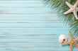 © Deivison - Blue wooden background with starfish and coconut tree branch. Generative AI