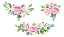 Watercolor Pink Rose Flower And Leaf Bouquet Clipart Collection Isolated On White Background Vector Illustration Set. 