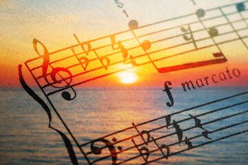 Sticker - Beautiful musical notes on sunset sky background