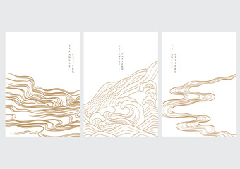 japanese background with hand drawn wave elements vector. gold line pattern with ocean object in vin