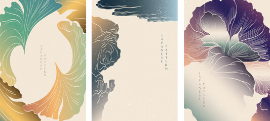 Japanese background Natural banner design. Abstract art boarders with hand drawn line vector in vintage style. 