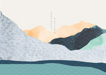 Landscape background with Japanese wave pattern. Abstract  art template with watercolor texture. Mountain layout design in Asian style. 